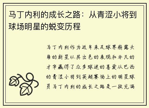 马丁内利的成长之路：从青涩小将到球场明星的蜕变历程