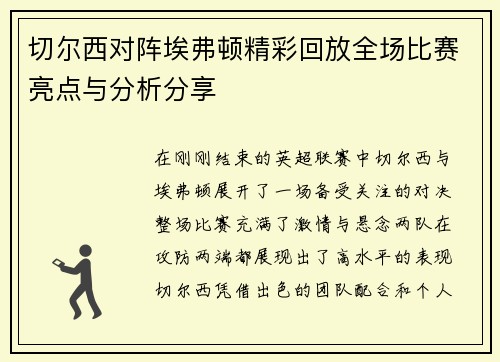 切尔西对阵埃弗顿精彩回放全场比赛亮点与分析分享
