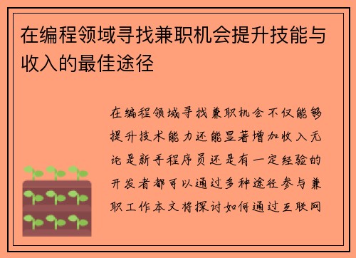在编程领域寻找兼职机会提升技能与收入的最佳途径