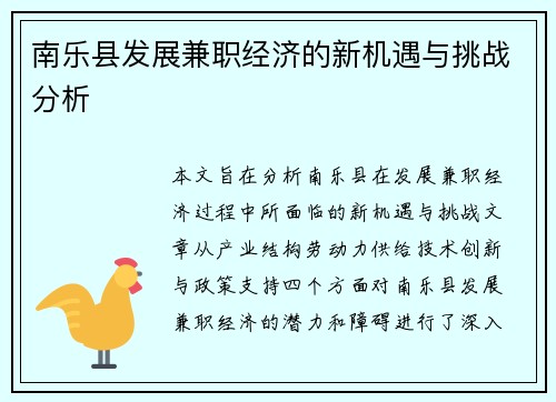 南乐县发展兼职经济的新机遇与挑战分析
