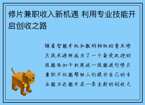 修片兼职收入新机遇 利用专业技能开启创收之路