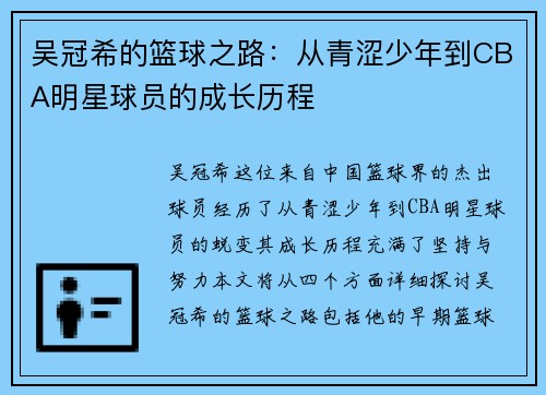 吴冠希的篮球之路：从青涩少年到CBA明星球员的成长历程