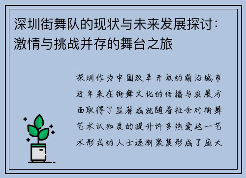 深圳街舞队的现状与未来发展探讨：激情与挑战并存的舞台之旅