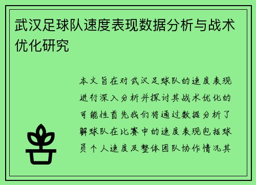 武汉足球队速度表现数据分析与战术优化研究