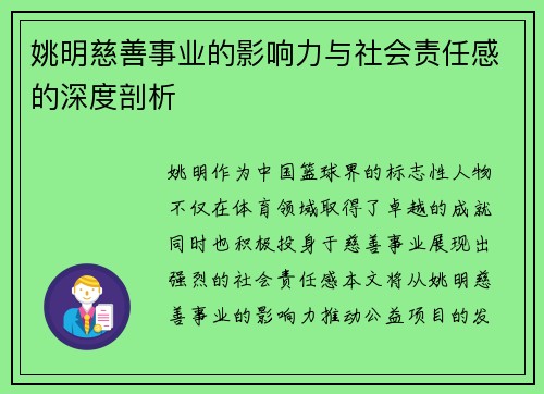 姚明慈善事业的影响力与社会责任感的深度剖析