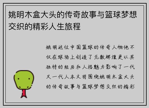 姚明木盒大头的传奇故事与篮球梦想交织的精彩人生旅程