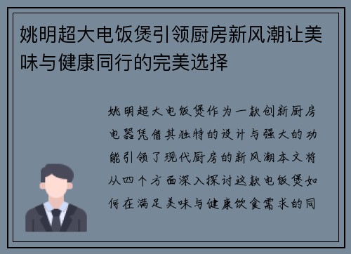 姚明超大电饭煲引领厨房新风潮让美味与健康同行的完美选择
