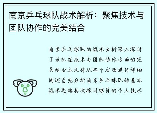 南京乒乓球队战术解析：聚焦技术与团队协作的完美结合