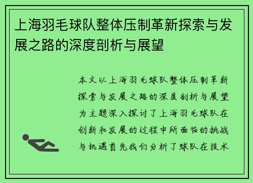 上海羽毛球队整体压制革新探索与发展之路的深度剖析与展望