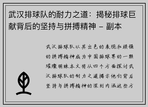 武汉排球队的耐力之道：揭秘排球巨献背后的坚持与拼搏精神 - 副本