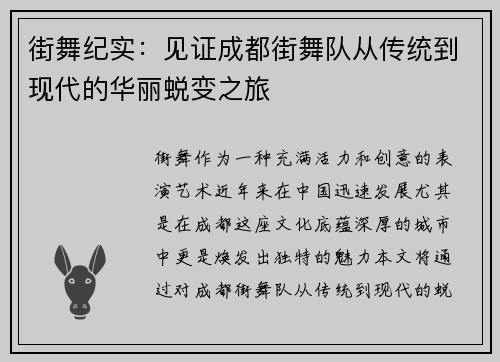 街舞纪实：见证成都街舞队从传统到现代的华丽蜕变之旅