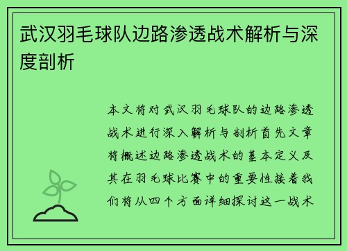 武汉羽毛球队边路渗透战术解析与深度剖析
